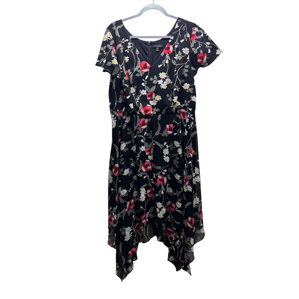 Watercolor Asymmetrical Handkerchief Boho Flutter Fit Flare Midi Dress 14/16 Blk